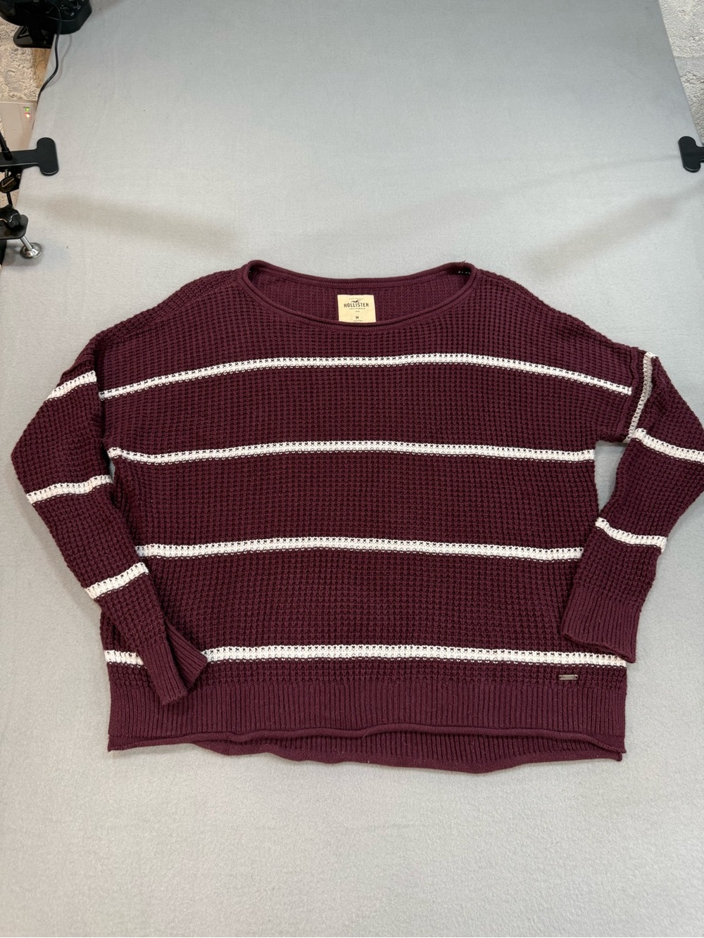 Hollister Maroon and White Striped Waffle Knit Crewneck Sweater